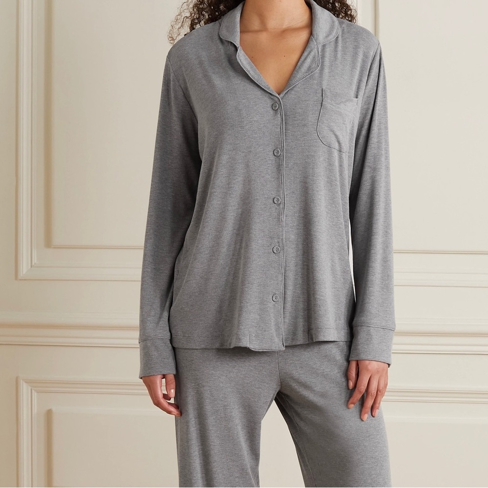 Skims Gray Ribbed Sleepwear Pajama Top Lounge Soft Stretchy Long Sleeve Button S